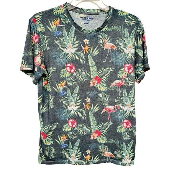Jack & Jones Mens Regular Fit Hawaiian Tropical Flamingos SS Crew Neck Tee Sz M - Picture 7 of 7